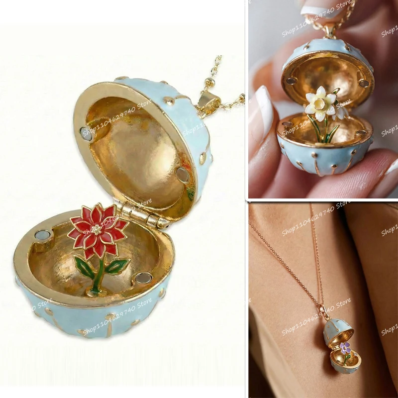 Openable 3D Flower Jewelry Box Metal Necklace Women Mom Lily Of The Valley Rose Carnation Pendant Gifts Festival Accessories