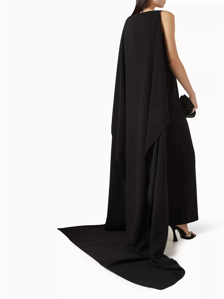 New Arrival Round Neckline Sleeveless Crepe Evening Dress Elegant Back Zipper With Cape Floor Length Sweep Train Gown For Women