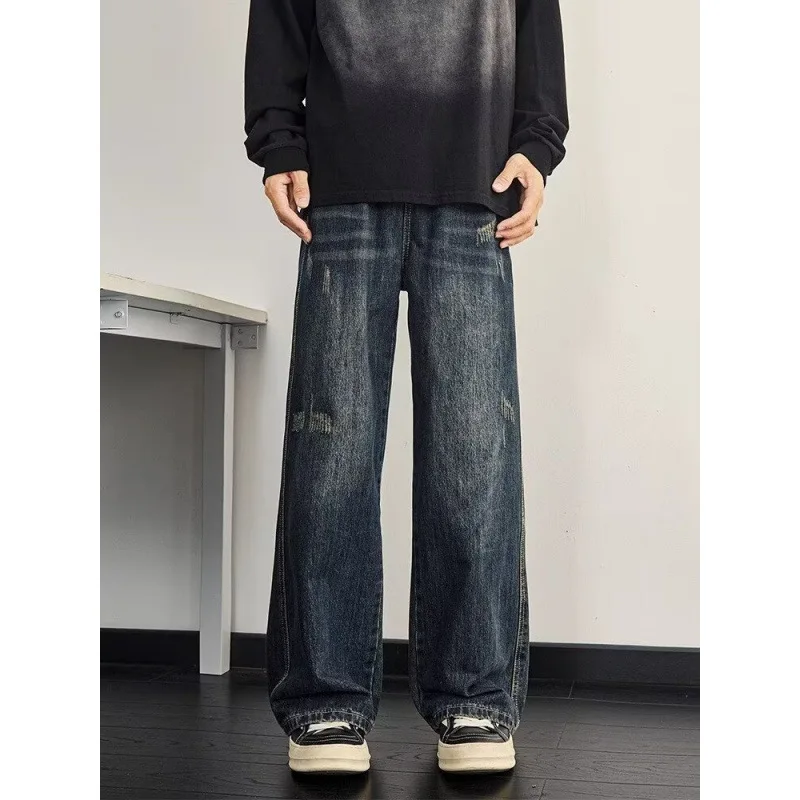 Dark Blue Retro Jeans Men's Scratched Loose Straight Wide Leg Pants High Street Long Pants