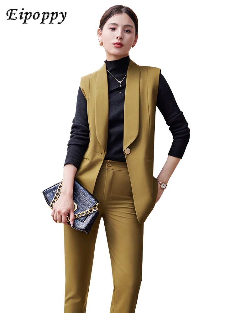 

Fashion Women Vest and Pant Suit Yellow Khaki Black Slim Sleeveless Blazer Trouser Two Pieces Set for Office Ladies Work Wear