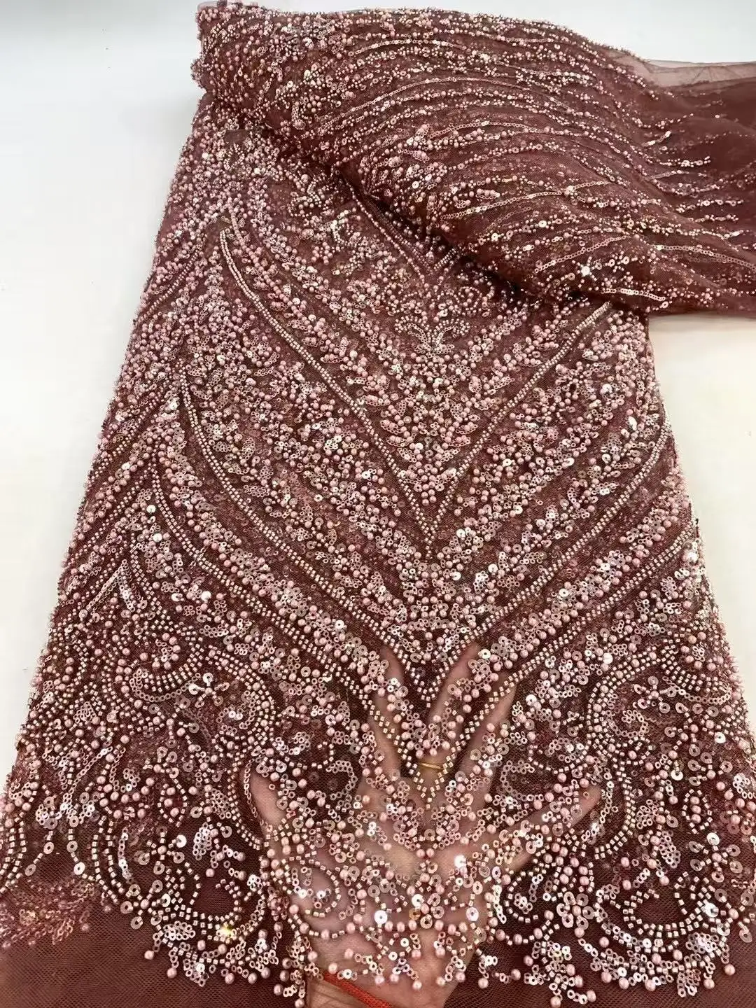 

French Mesh Beaded Embroidery Lace Fabric African Luxury Sequins Lace Fabric Nigerian For Bridal Wedding Dresses Sewing