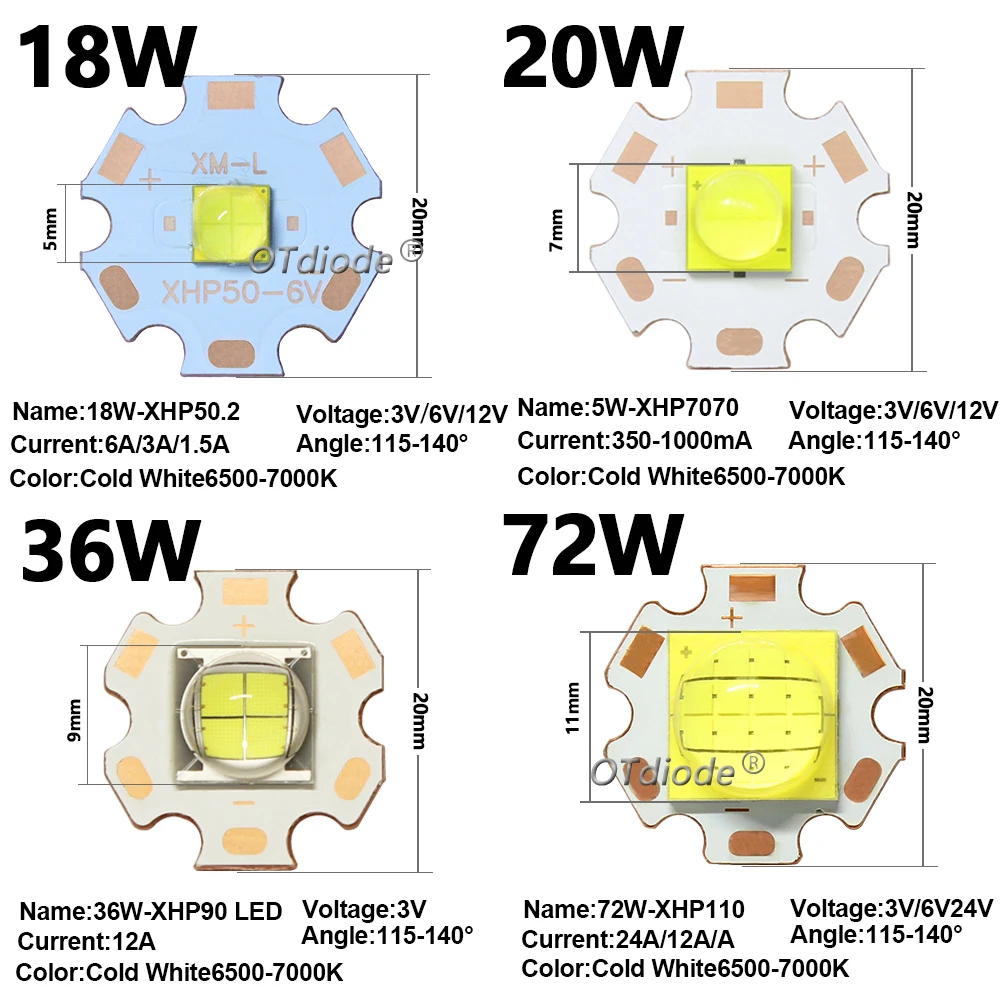 LED Chip Beads DC3V/6V/12V/24V 3W XPE 5W XPG2 10W XML2 T6 20W XHP50/70 36W XHP90 72W XHP110 3A 6A 9A 10A 24A For Flashlight Lamp