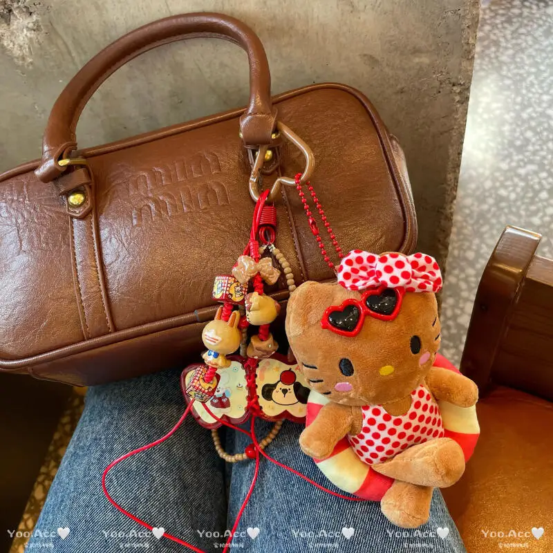 Hellokitty pluche telefoonketting Kawaii zwart leer roze Polka Dot Kt pop hanger auto hanger student rugzak sleutelhanger cadeau