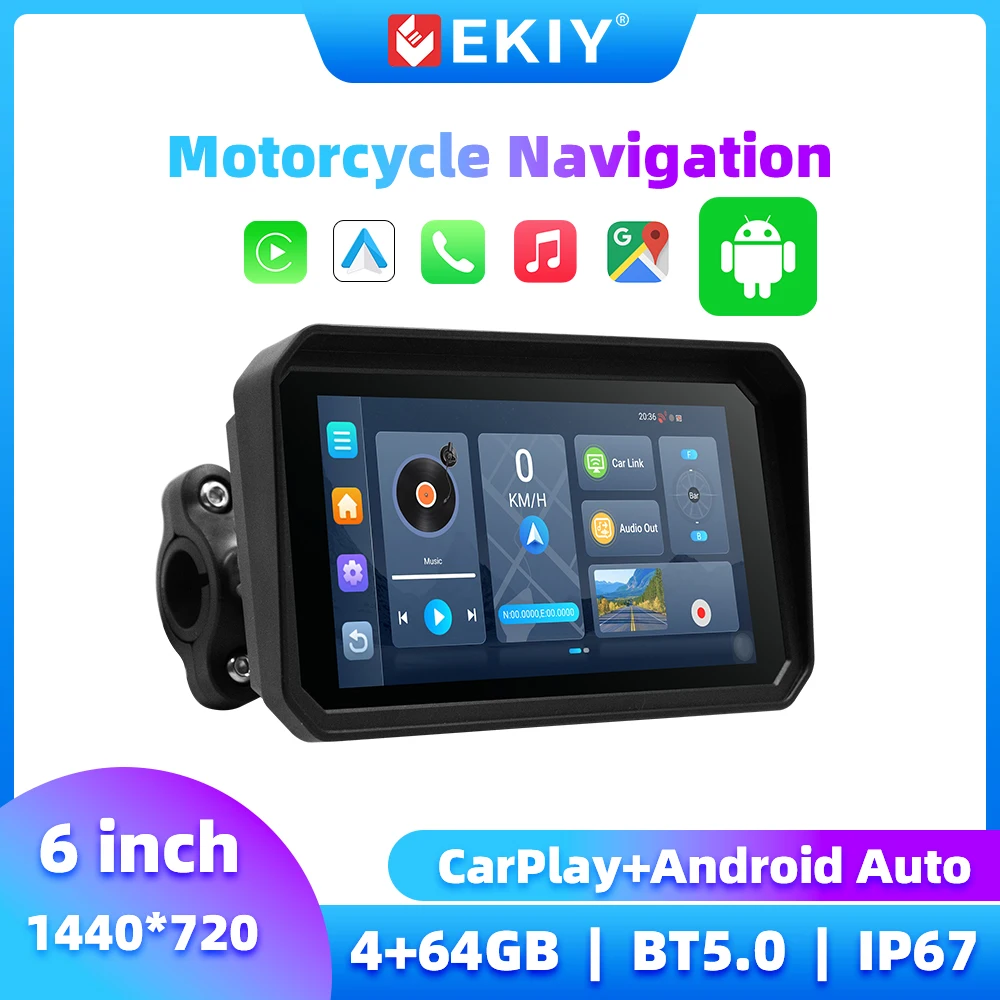 

EKIY 6 Inch Motorcycle Carplay GPS Navigation New Android 14.0 4+64GB Wireless Apple Carplay Android Auto Touch Screen Motor GPS