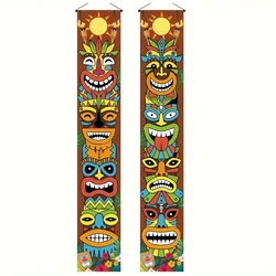 Tiki Banner Luau Hawaiian Party Decorations Set Tiki Totem Porch Sign for Aloha Tropical Hawaii Hibiscus Wall Hanging Decor Door