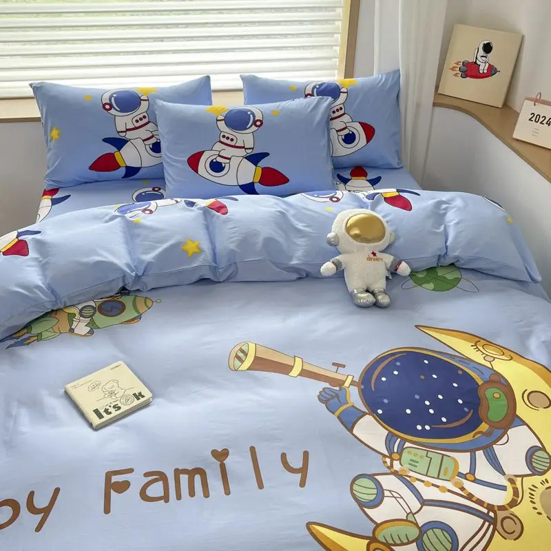 Astronaut Cotton Four-piece Set 100% Pure Cotton Cartoon Astronaut kids Bed Three-piece Set Bed Sheet Quilt Cover Pillowcase