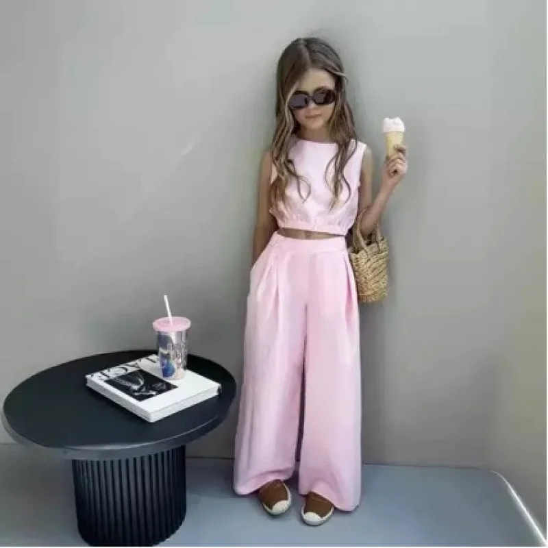 

Girls SuitinsSummer girls' cotton and linen fashion waist-cinching vest+Children's two-piece suit with straight-leg pants