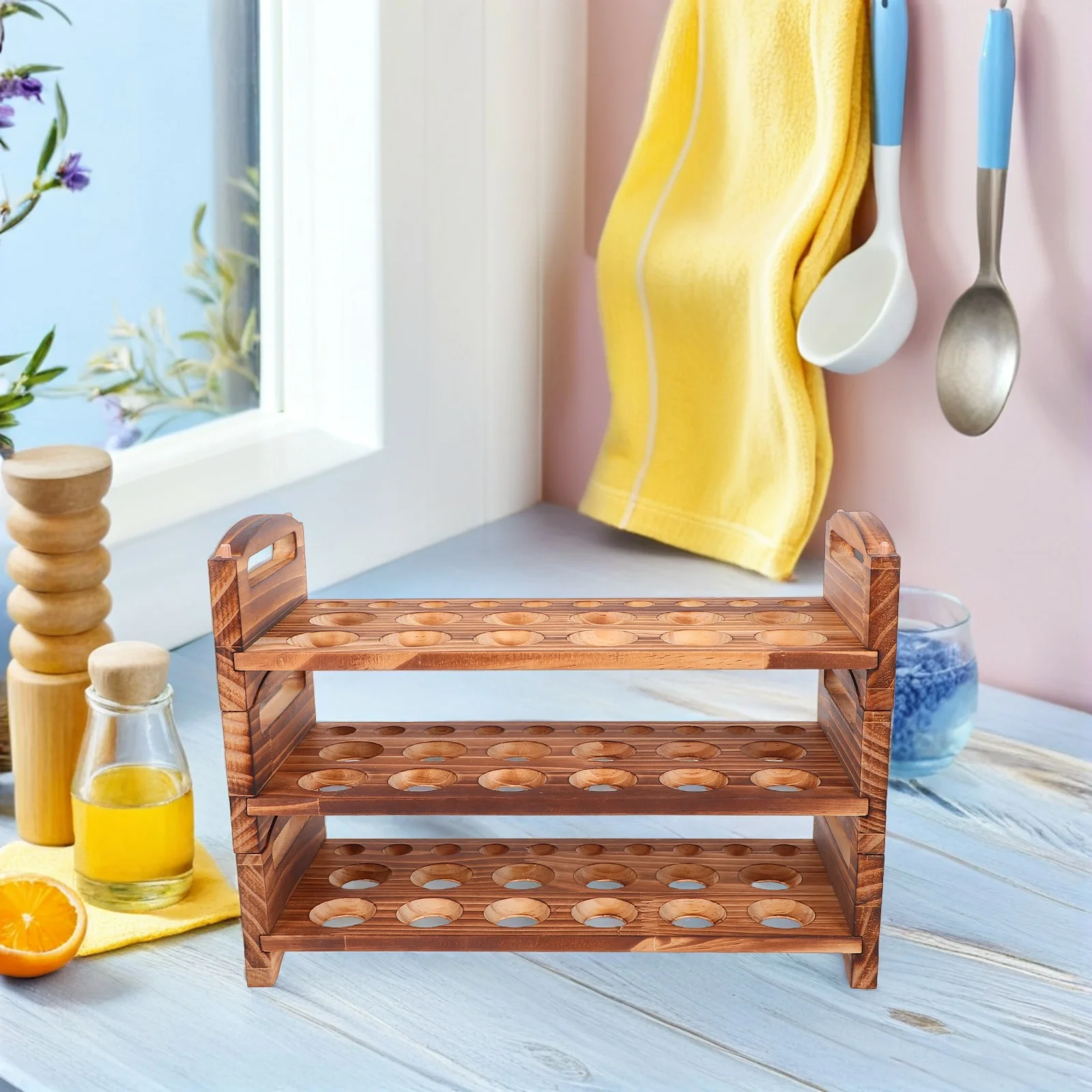 

1 Set Wooden Egg Holder Countertop 3 Layers Stackable Fresh Egg Rack Holds 36 Eggs Natural Design Kitchen Organizer Wood Tray