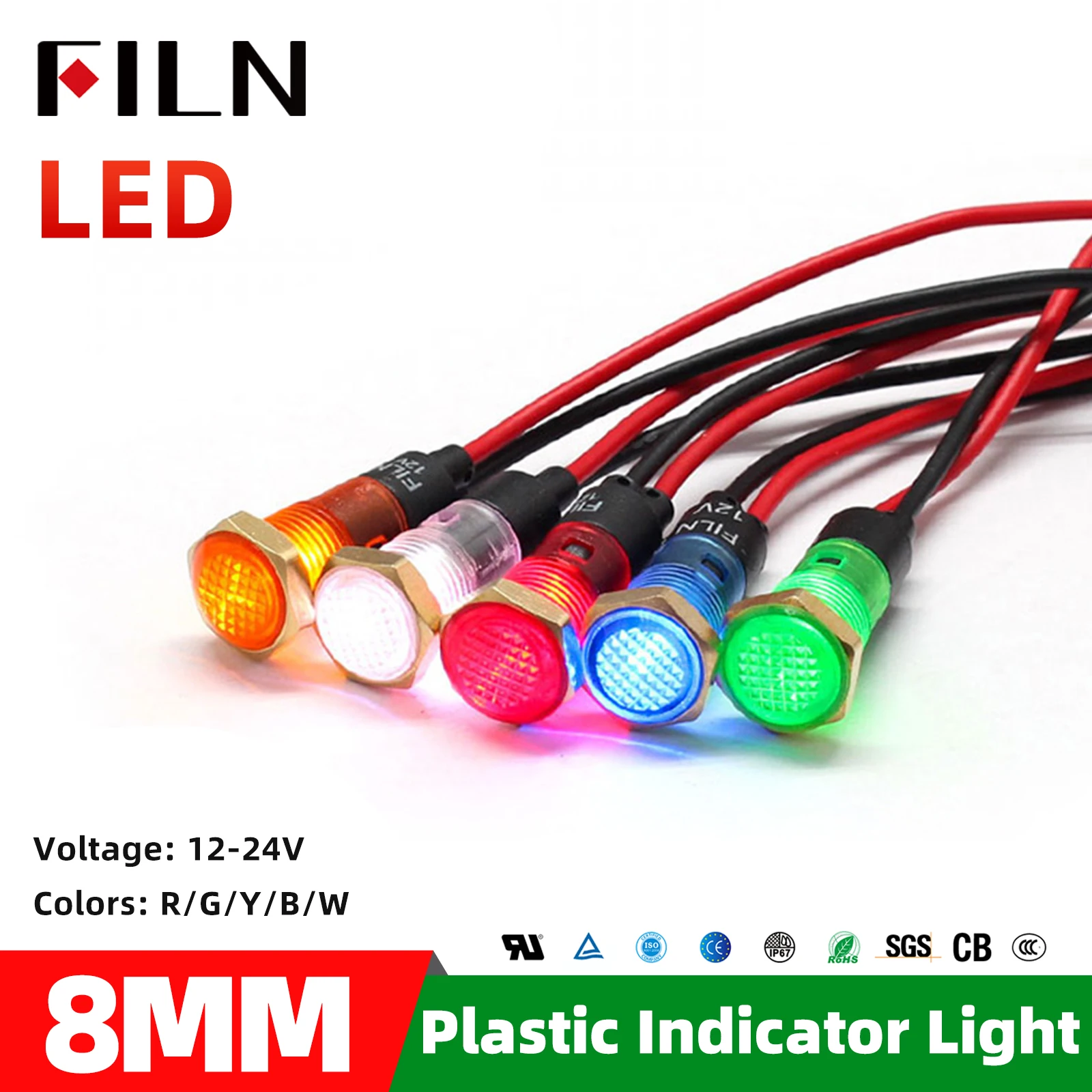 FILN 8 mm 12V 24V  Indicator Light Power LED Indicator Panel Light Pilot 110V 220V Red Pilot Light with Signal Light