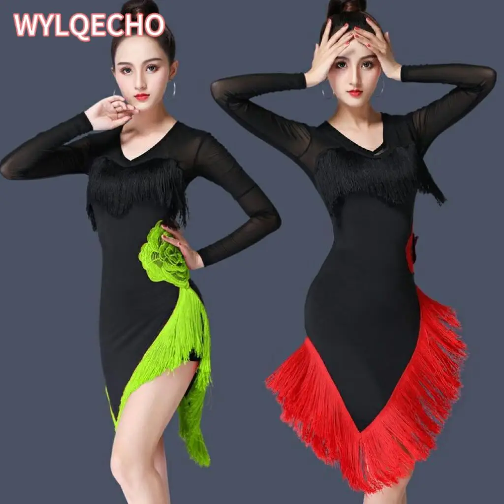 Long Sleeve Dress Women Dresses Big Red Flower Tassel Dance Skirt Latin Dancing Latina Black Sexy Girls Adult Costume Rumba 2023