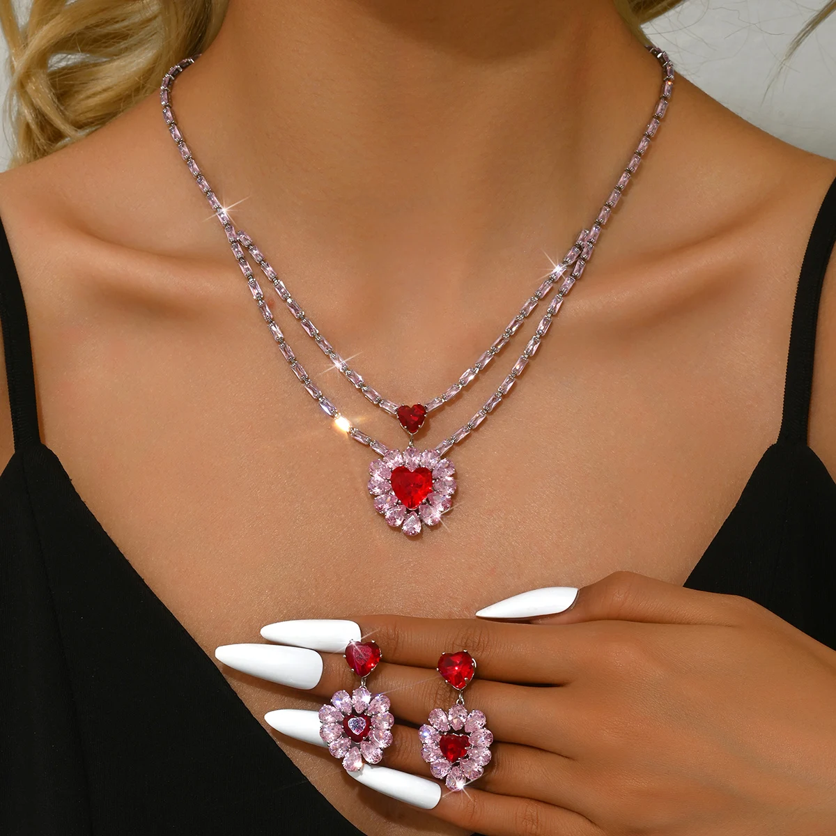 Fashionable and Sweet Love Zircon Necklace Earrings Jewelry Set Suitable for Spicy Girls' Vacation Travel