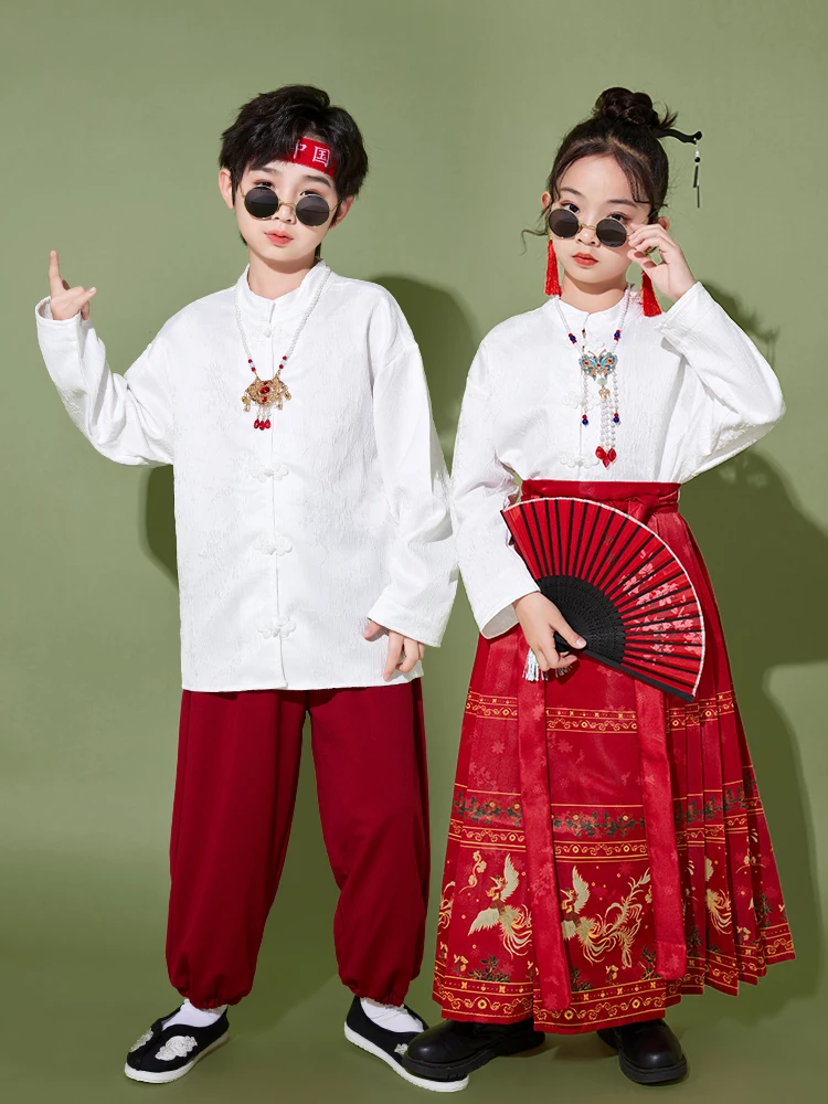 

Детский сценический костюм для начальной школы: традиционный ханьфу, красная юбка для выступлений на фестивале и церемонии открытия