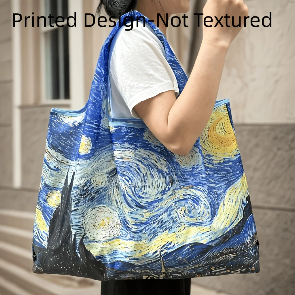 1 Pack Non-Textured Printed Foldable Tote Bag, Large Capacity Women Shoulder Shopping Bag,Multiple Patterns, Fashion Gym Handbag