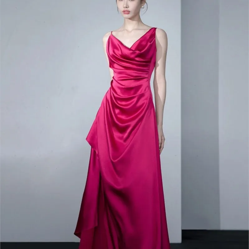 

New Chinese-style acetate satin halter morning robe elegant toasting dress for the appreciation banquet