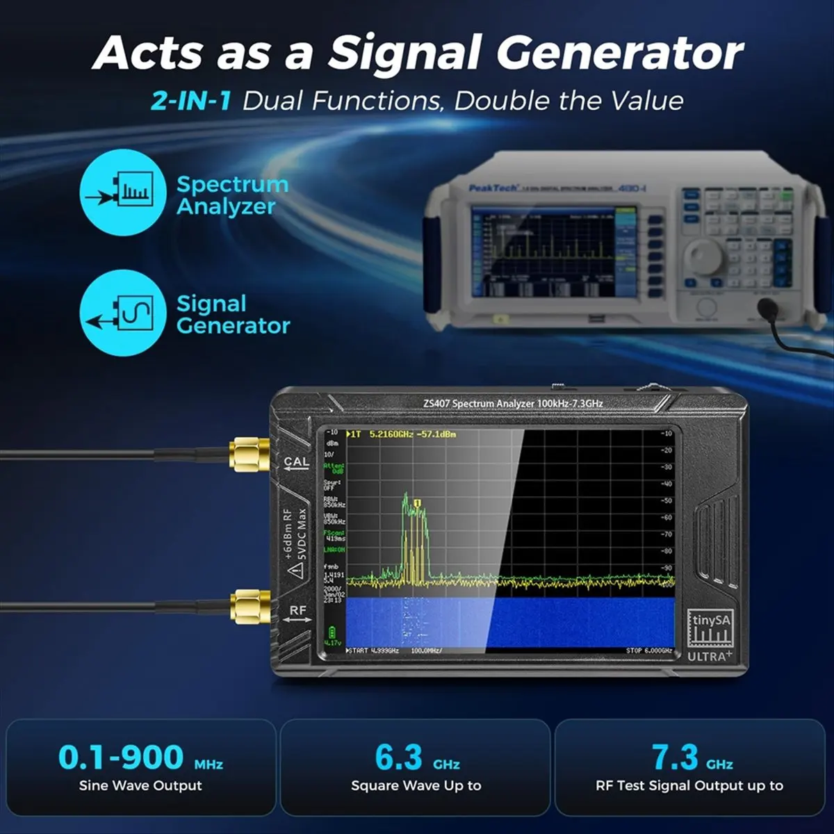 Homegood ZS-407 TinySA Ultra Plus Handheld Spectrum Analyzer 4 Inch Display 100KHz to 7.3GHz Frequency Analyzer with 32GB Card
