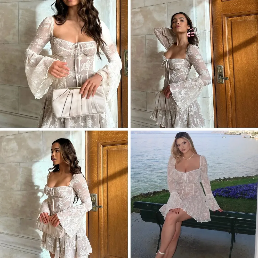 

2026 New Off Shoulder Lace Dress for Women, Square Neck Flared Sleeve Short Evening Party Gown (Characters: 78)