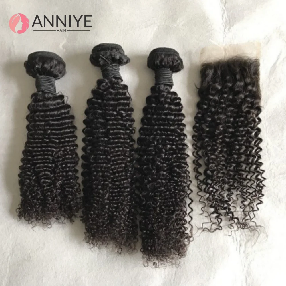 カーリーバンドル（クロージャー付き）4x4 ウェットアンドウェイビー バージン キンキーカーリー ルーズディープウェーブ 100%人毛バンドル（クロージャー付き）レミーヘア