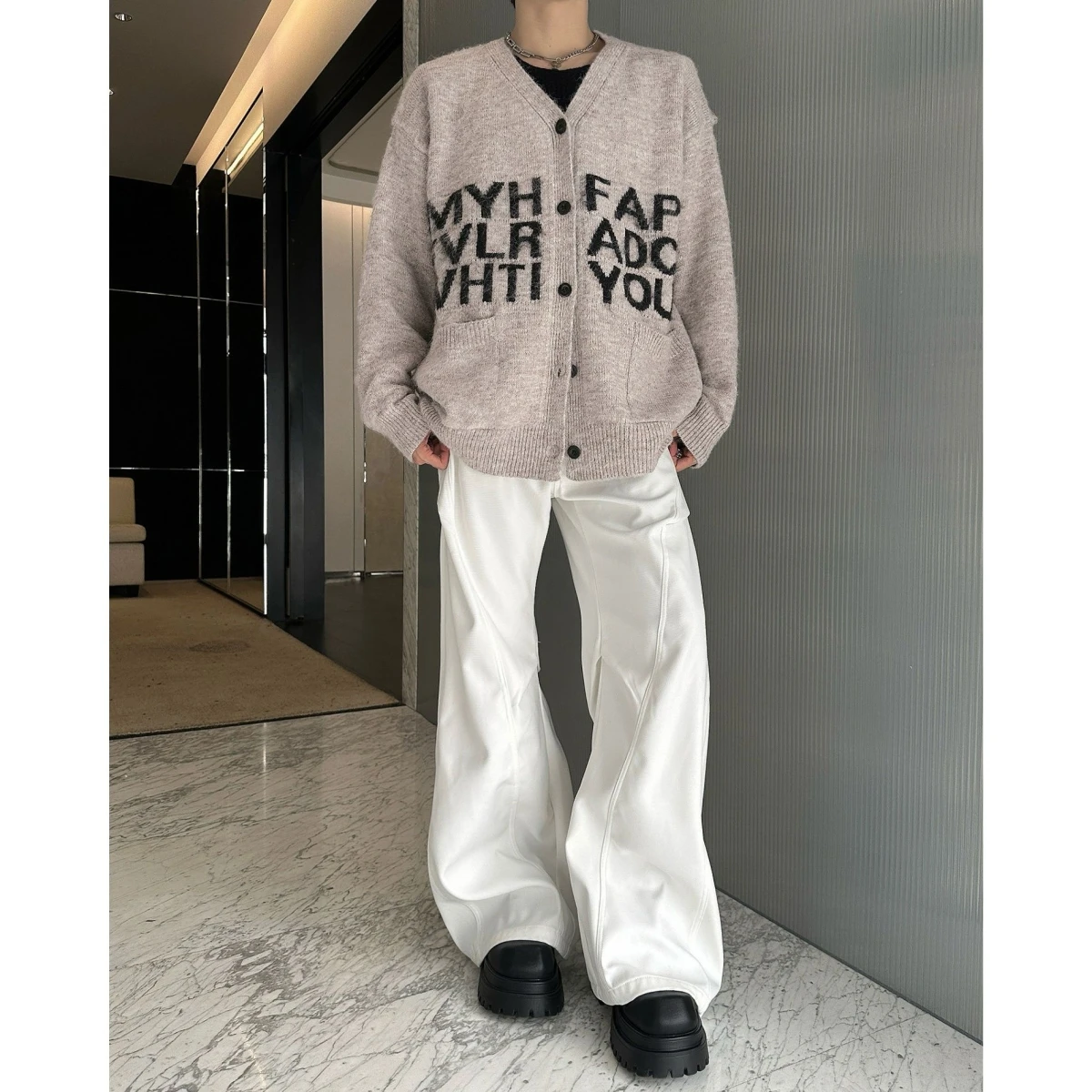 Cappotto maglione lavorato a maglia con motivo a lettera morbido e accogliente per donna Uomo Lazy Sle Autunno Inverno Fibra di poliestere di alta qualità V-Ne Lungo...