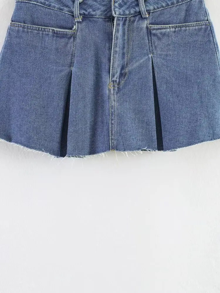 European and American style 2026 new summer style pleated raw edge high-waisted A-line denim skirt hot girl slim retro skirt - view 4