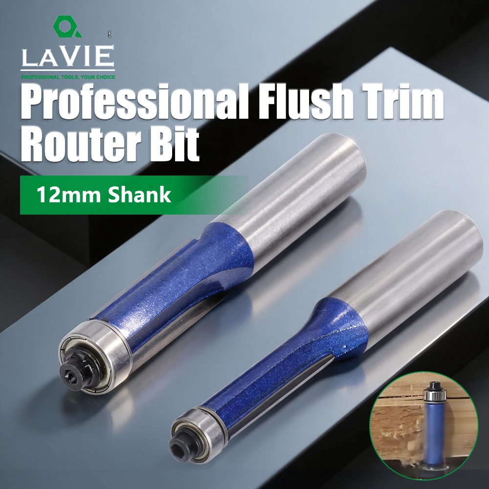 LAVIE Carbide Bearing Trimmer Bit Set 4Pcs, 12mm Shank Woodworking CNC Edge Profiling Cutter 1/4-1/2