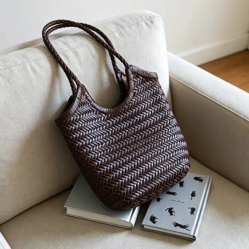Luxury Cowhide Underarm Shoulder Bag,Women Rattan Weaving Bucket Tote Bag,Summer Beach Holiday Commute Hobo Top Handle Handbag