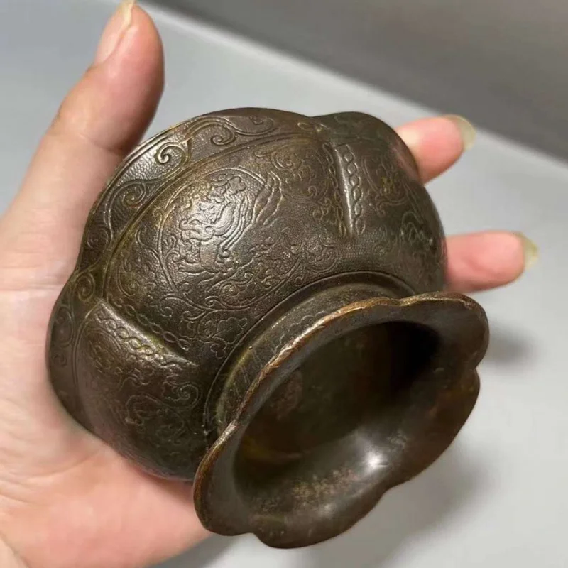 

Антикварная чаша для облегчения старых предметов, дракон и Феникс, винтажная медная посуда, натуральная антикварная коллекционная посуда