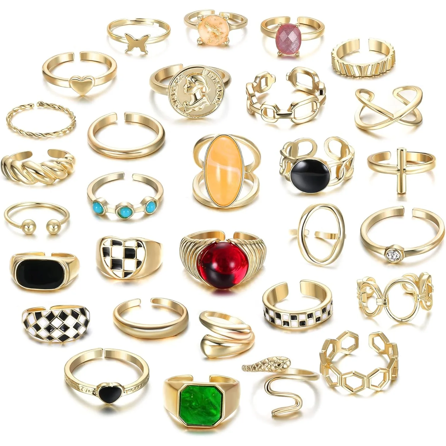 

Bobisty 30Pcs Gold Plated Chunky Rings for Women Twisted Signet Ring Stackable Knuckle Midi Ring Adjustable Open Ring Sets