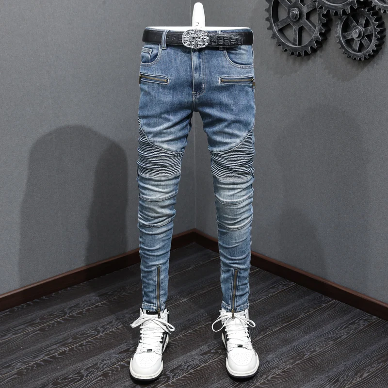 

High Street Fashion Men Jeans Retro Blue Wrinkle Patched Designer Slim Ripped Jeans Men Bottom Zipper Hip Hop Biker Pants Hombre