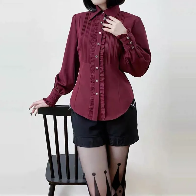 Kimotimo Japanese Lolita Long Sleeve Shirt Women Autumn New Ruffle Patchwork Slim Button Up Tops Vintage Lapel Y2k Sweet Blouses