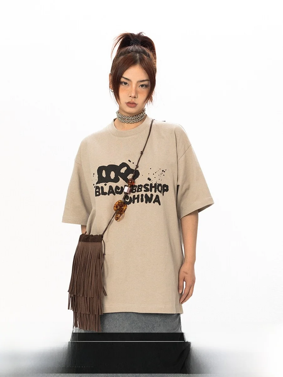 Blackbb Original Apocalyptic Style Heavyweight 280g American Graffiti Letter Print T-Shirt Women Loose round Neck Short Sleeve