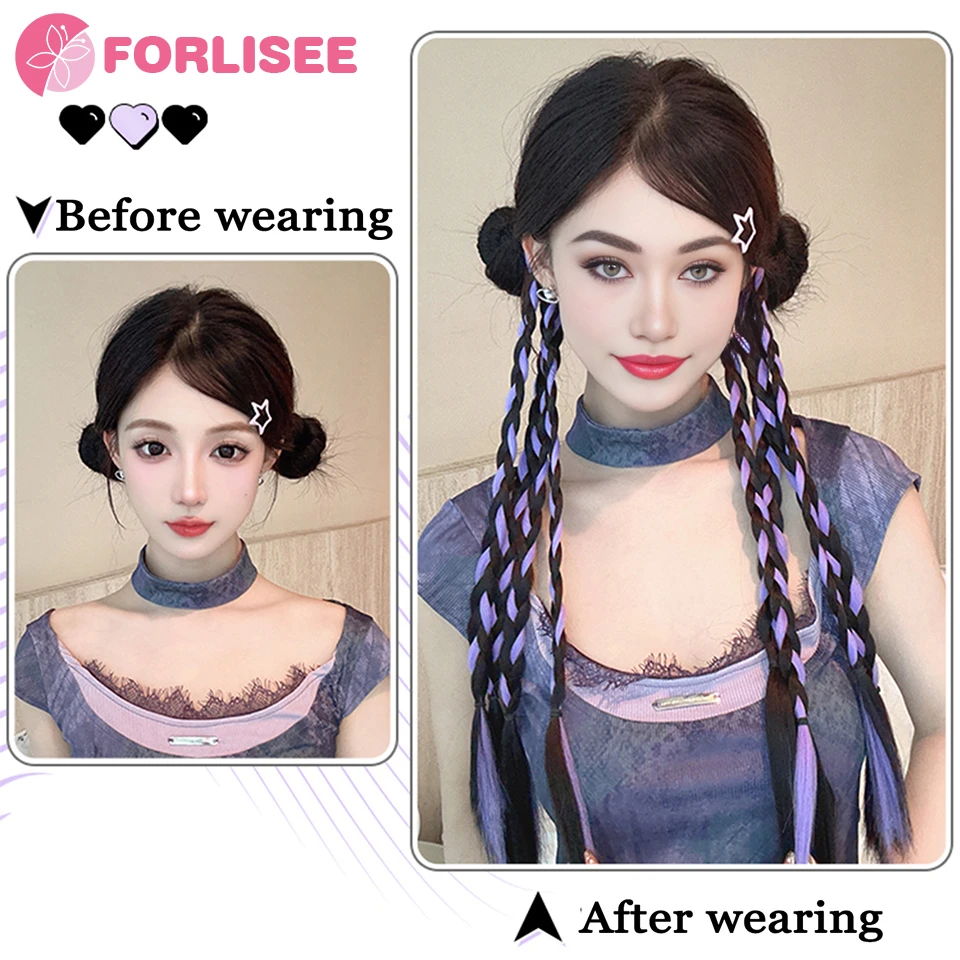 FORLISEE Synthetic Dopamine Highlighted Boxing Braid Wig Party Low Double Ponytail Braid Purple Twist Braid