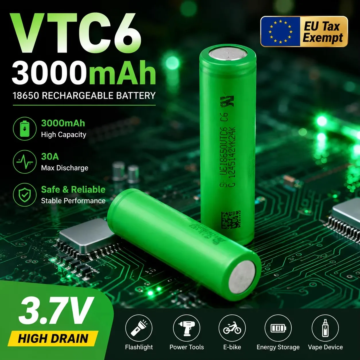 Neue hochwertige VTC6 18650 Lithium-Ionen-Akkus mit 3,7V und 3000mAh großer Kapazität, Entladestrom von 25A, geeignet für LED-Taschenlampen und Elektrowerkzeug-Akkus.