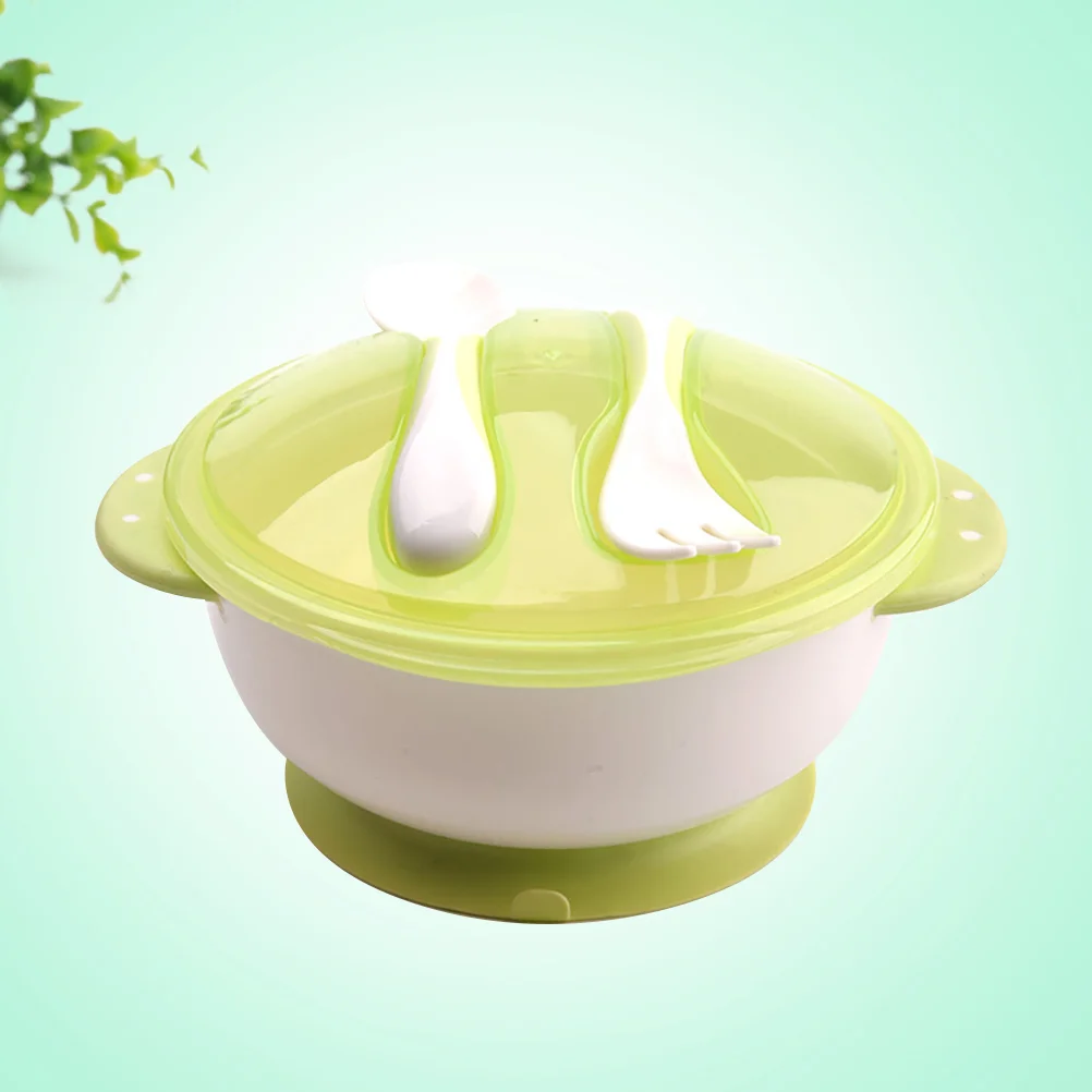 Baby Suction Bowl Non-slip Defence Fall Baby Bowl Fork Spoon Feeding Tableware for Infant Training Bowl Set (Green)