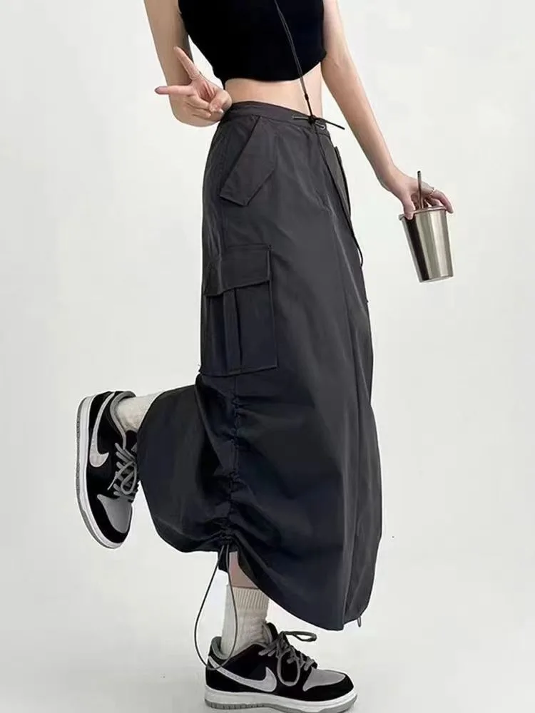 Y2K Women Retro Cargo Skirt Pockets Black Female High Waist Skirt Summer Streetwear All Match Ladies Mid Skirt