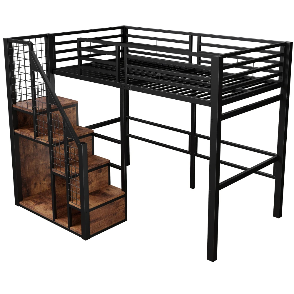 90*200cm & 140*200cm hoog bed met veiligheidsladder, modern kinderbed met ijzeren frame en opbergruimte, jeugdbed, voor slaapkamer