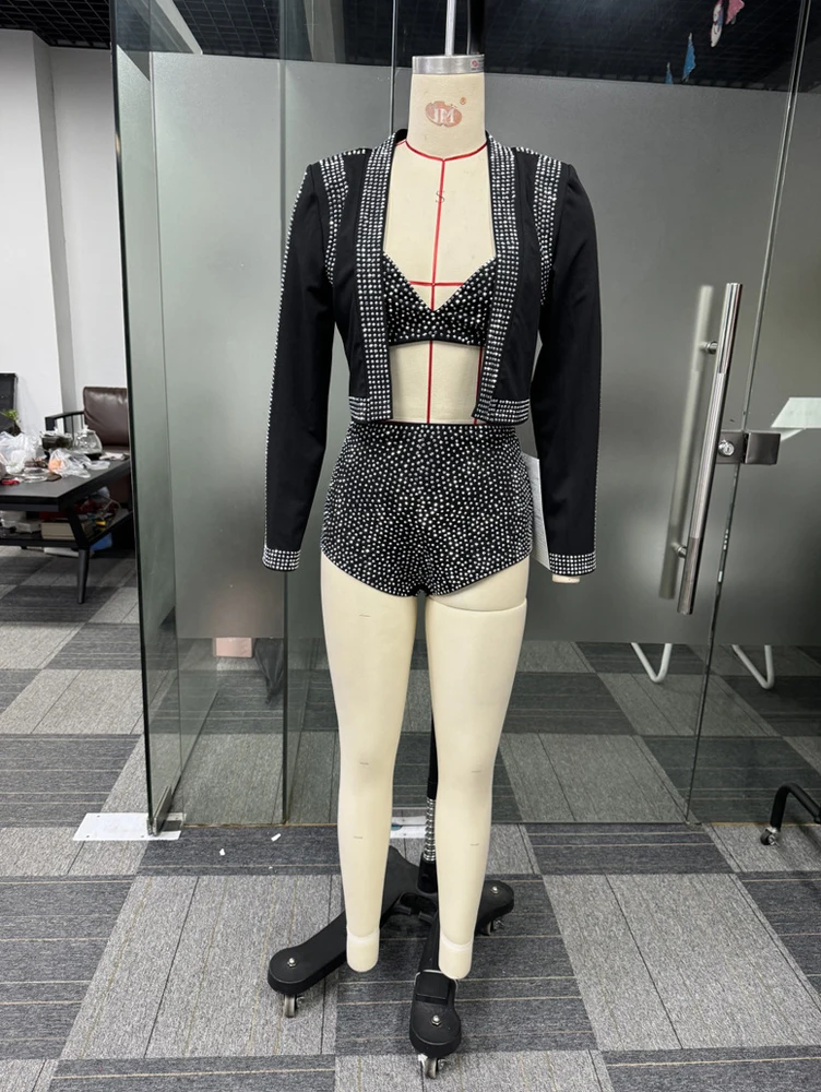 Elegant Sparkly Rhinestones Three-Piece Set Women Club Sexy Luxury Diamonds Short Jacket Bra and Shorts 3 Piece Matching Outfits