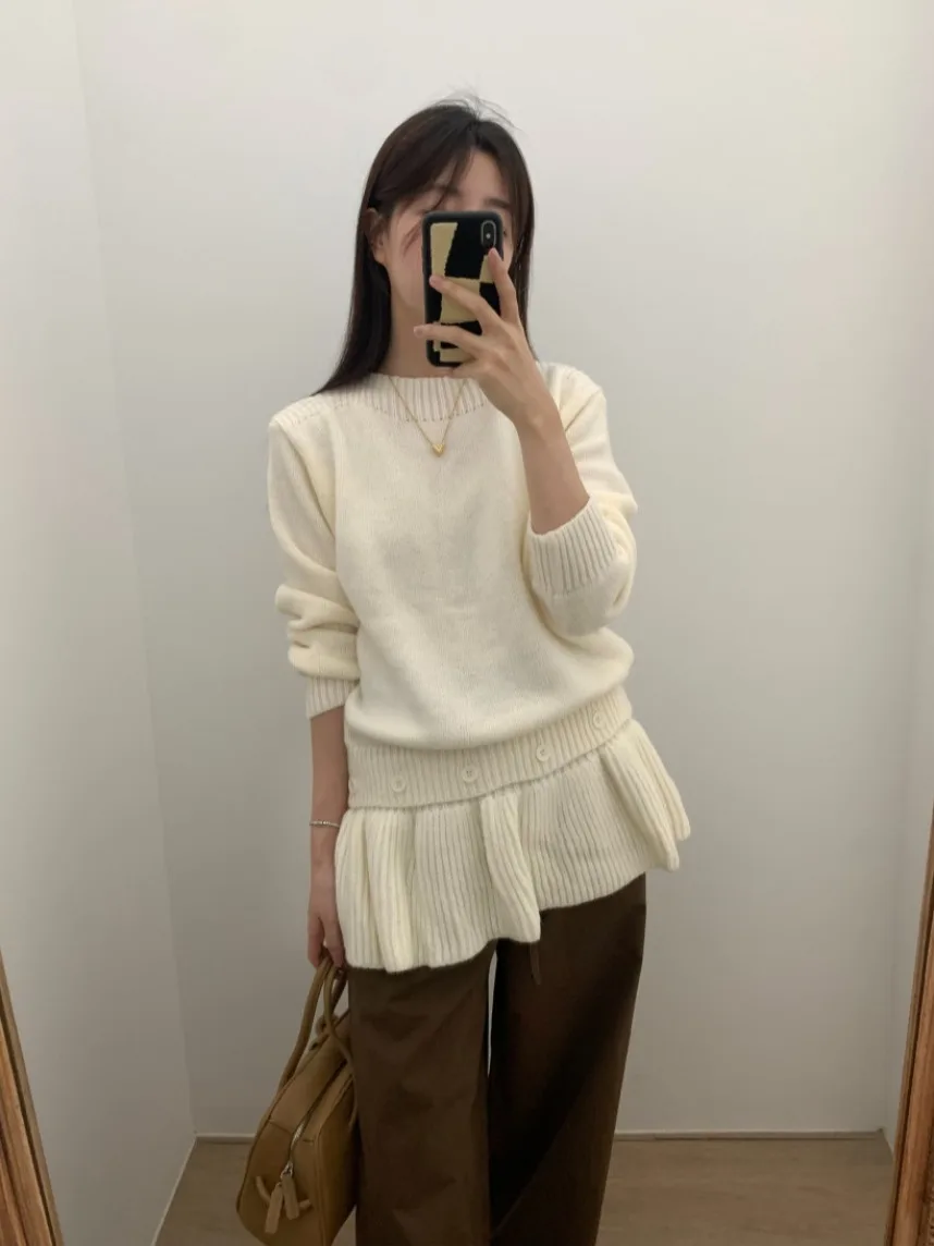 

Chic Autumn New Sle Women's Knitted Long Sve round Ne Soft Cozy Sweater Button Design Lace Unique Personali