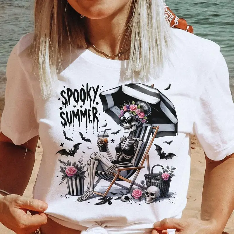 

Funny Halloween T-shirt Women | Spooky Summer Skeleton Graphic Tee, Gothic Beach Vacation Top, Washed Vintage Short Sleeve Shirt
