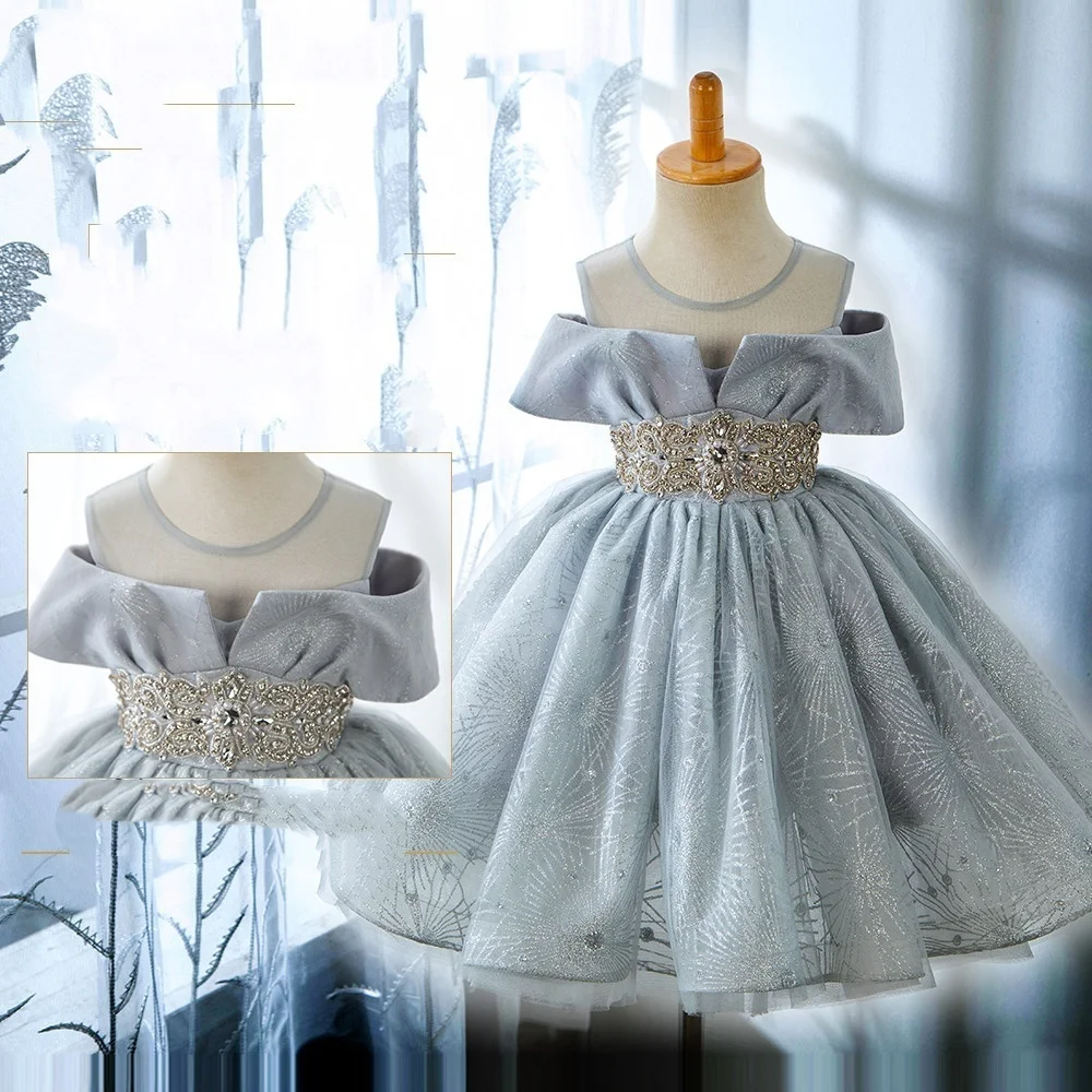 Custom Flower Girl Dress Wedding Gown Birthday Party Pageant Off Shoulder Beaded Waist Glitter Tulle Baby Dress فساتين اطفال