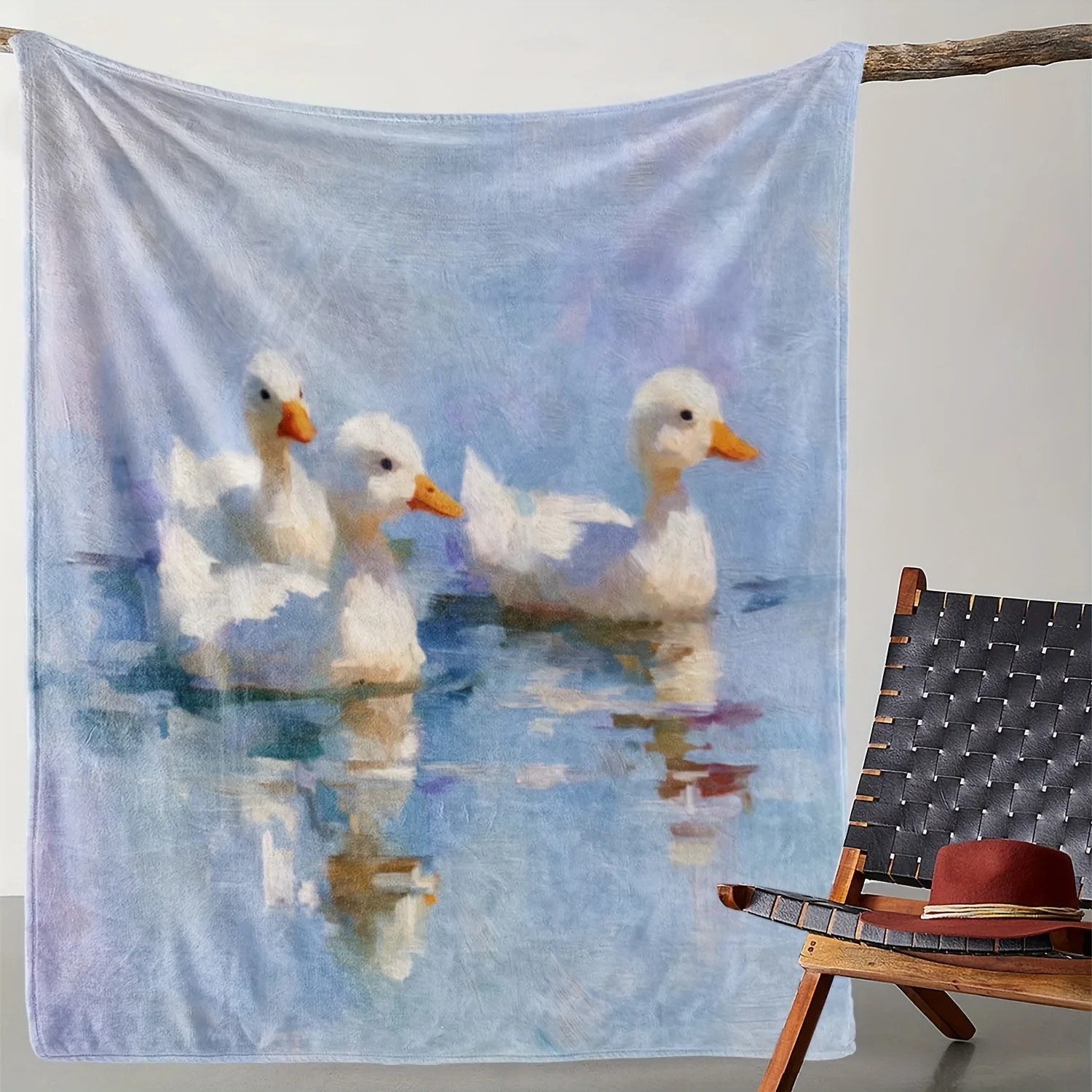 

1 шт. винтажное фланелевое одеяло с цветочным принтом — мягкий уютный плед с двумя белыми утками, акварельный дизайн синего и фиолетового цвета, всесезонный Li