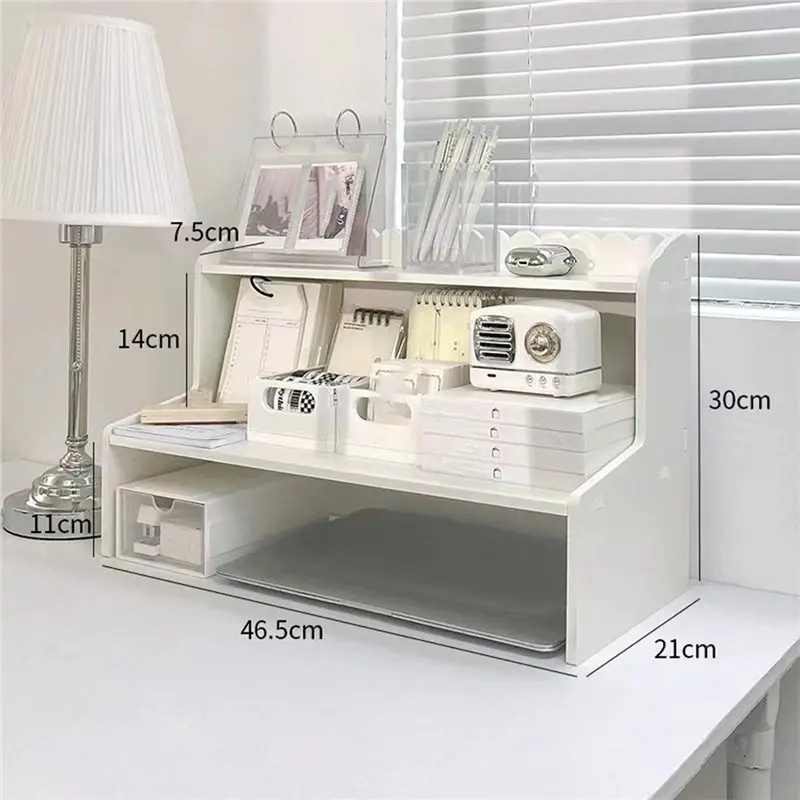 DT19 Two-Layer Desktop Organizer Shelf Ins-Style Rack for Books Stationery Home Office Storage Wood Plastic Board Large
