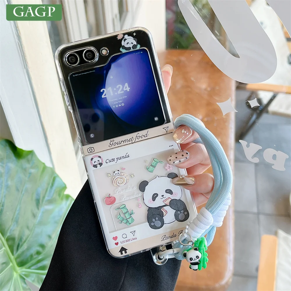 For Samsung Galaxy Z Flip 6 5 4 3 Cute Cartoon Panda Hand Strap Case Soft Silicone Shockproof Slim Cover For Galaxy Z Fold 5 6 4