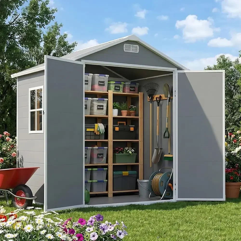 Gray 6x4 Outdoor Storage Shed with Window, Resin Plastic, Weather-Resistant Cabinet with Lockable Door for Backyard, Patio, Pool
