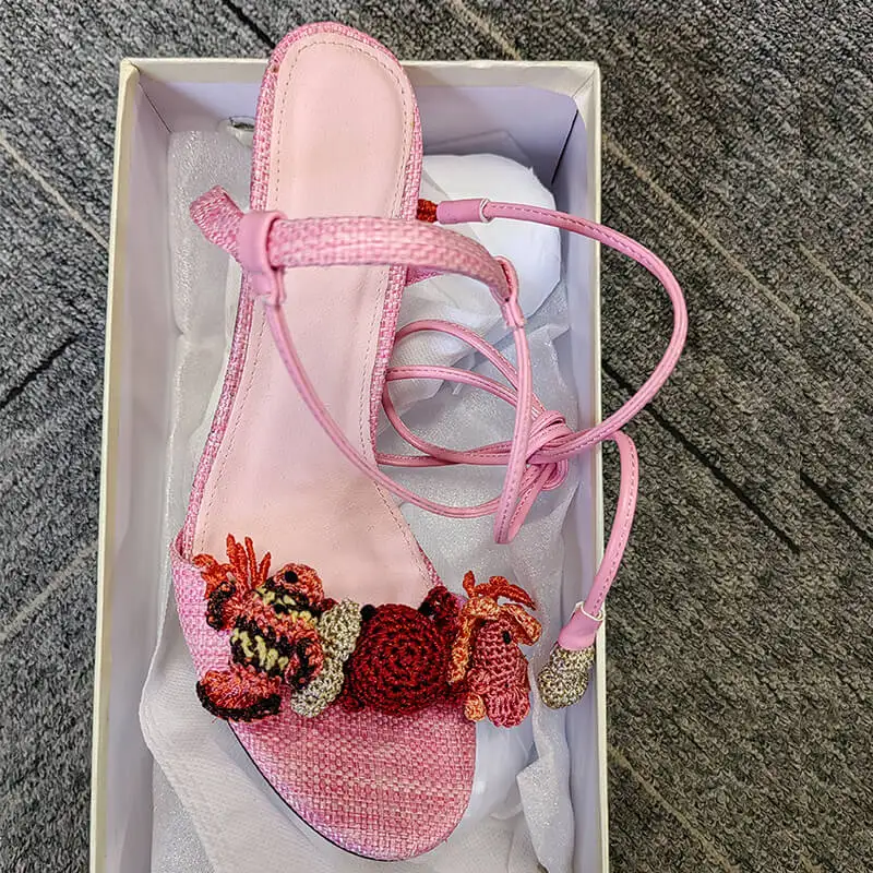 Onlymaker Women Open Round Toe Woven Embellished Ankle Strap Sandals Thin Heel Big Size Sandals