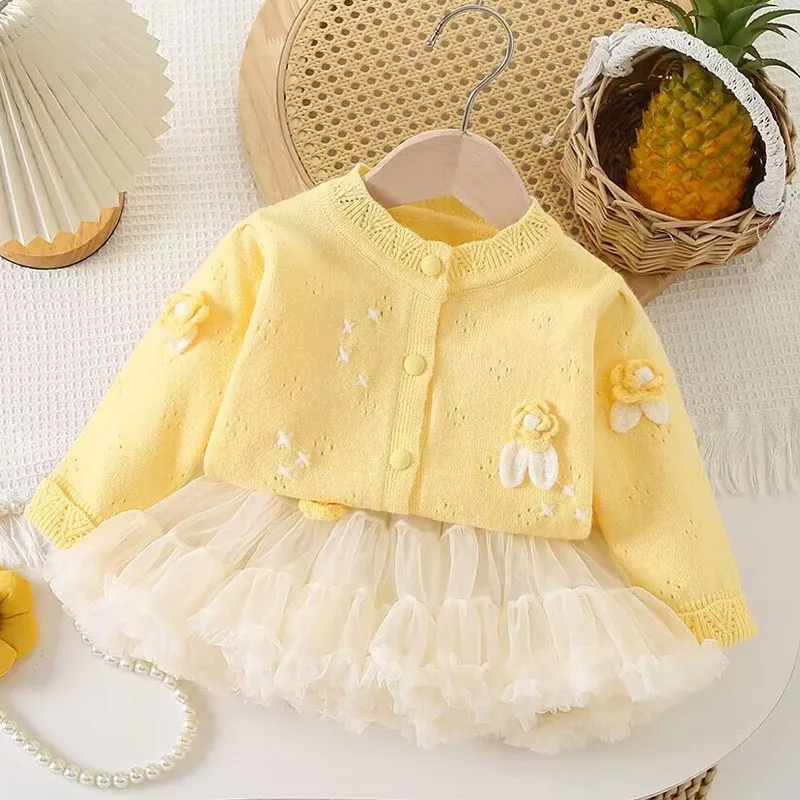 Korean Version of Children's Clothing New Autumn Girl's Trendy Love Knit Sweater Cardigan Sweater Top+Mesh Fluffy Dress 2PS