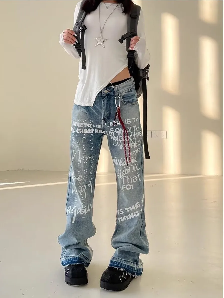

Retro American Letter Print Jeans High Street Vibe Cool Loose Straight Hem Long Pants Trendy Straight Leg Jeans for Men And W...