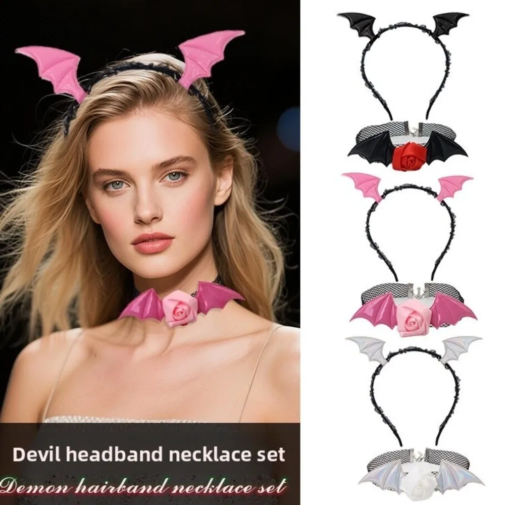 Punk Flower Bat Wings Hairband Mesh PU Leather Headband Necklace Set Gothic Lace Halloween Hair Hoop Girls