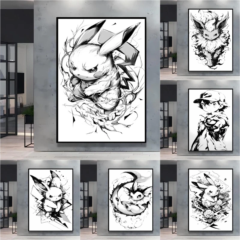 Pokemon Pikachu Wall Painting Presented in Black White Art Printed with High Quality Pigments It Adds A Warm Atmosphere To Hom