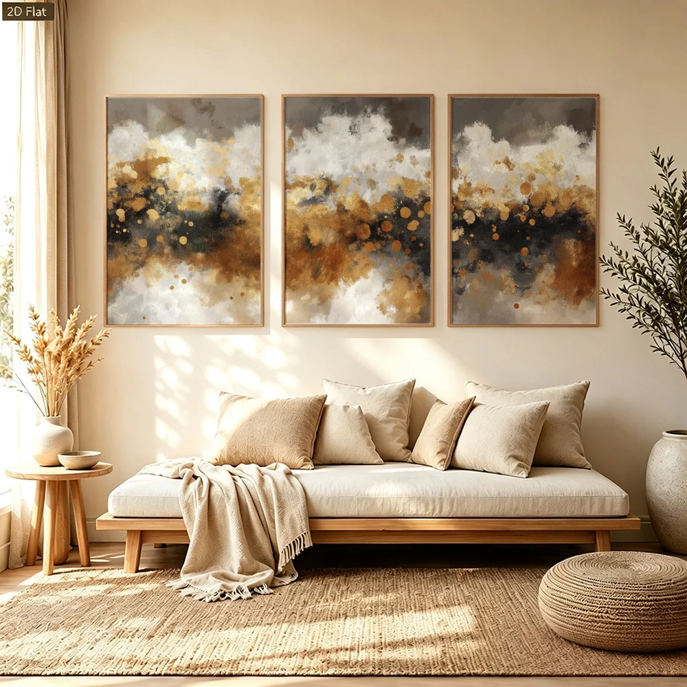 3Pcs Black Gold Splatter Abstract Cloud Canvas Poster Wall Art,2D Print Wall Decor,Art Home Decoration For Living Room Bedroom
