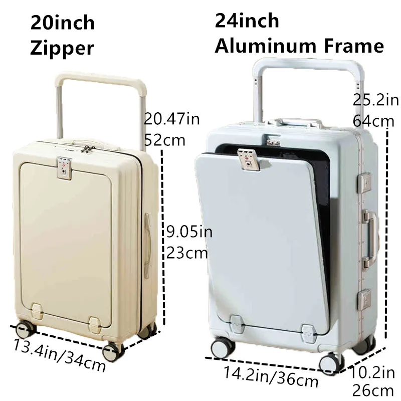 20/22/24inch Lagguge Travel Suitcase PC Carry-On Suitcases Aluminum Zipper USB Cup Holder Front Opening Multi Functional Case